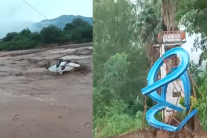 Torrencial lluvia en Camiri arrastra un auto y destruye parte de un balneario