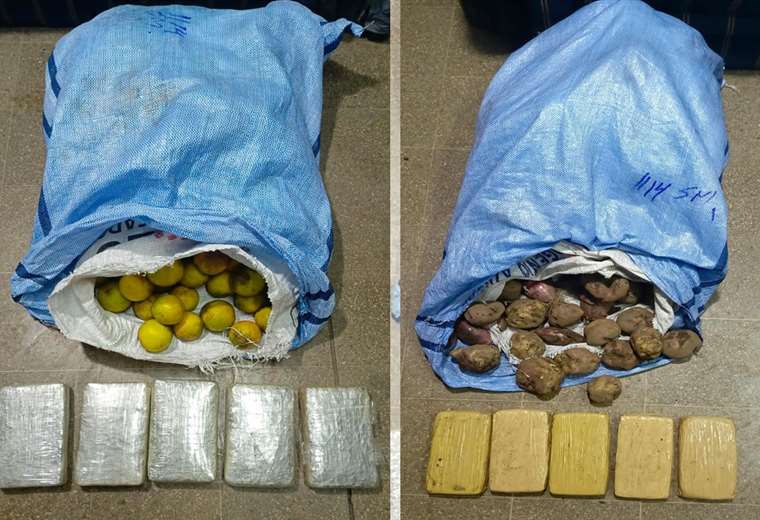 Hallan 10 paquetes de marihuana ocultos en una encomienda de naranjas y papas