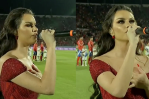 Miss Chile, Emilia Dides, recibe críticas por su interpretación del himno en el partido contra Ecuador