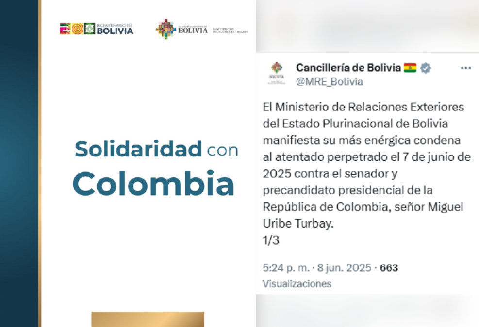 Bolivia condena atentado contra el senador colombiano Miguel Uribe y expresa solidaridad con Colombia